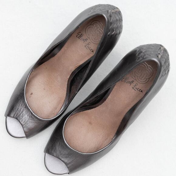 Elliott Lucca Metallic Pewter Gray Leather Braided Heels Size 6 - Picture 2 of 10